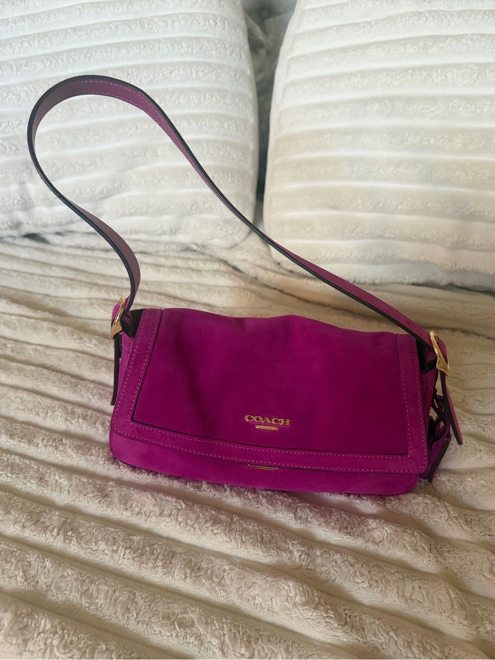 Coach Magenta Suede Shoulder Bag with Gold Hardware